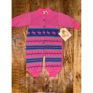Vintage Sears Infant Pink Reindeer Knit Coverall 12 Months New With Tags 69268